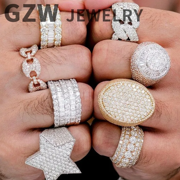 Hip Hop CZ Cubic Zircon Geométrico Anillo de dedo Banda Iced Out Oro blanco Bling Baguette Anillos de diamantes para Mujeres Hombres Novio Lujo San Valentín Cumpleaños Joyas Regalos