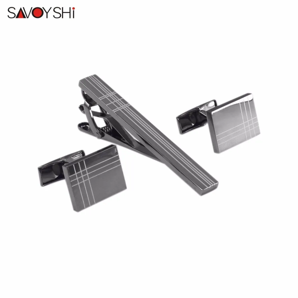 SAVOYSHI Classic Square Black Laser Stripe Bussiness Mens Cufflinks Clips Set High Quality Necktie Pin Tie Bars Clip Clasp