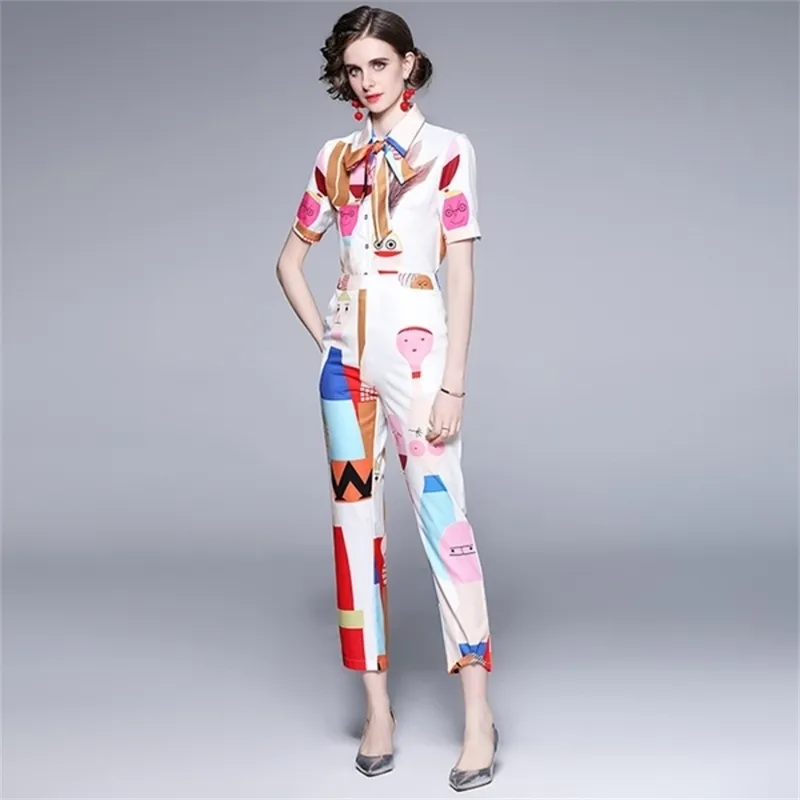 Fashion Runway Summer Cartoons Print Suits Dames Vintage Bow Short Mouwen Tops en Slanke Potlood Broek 2 Stuk Set 210519