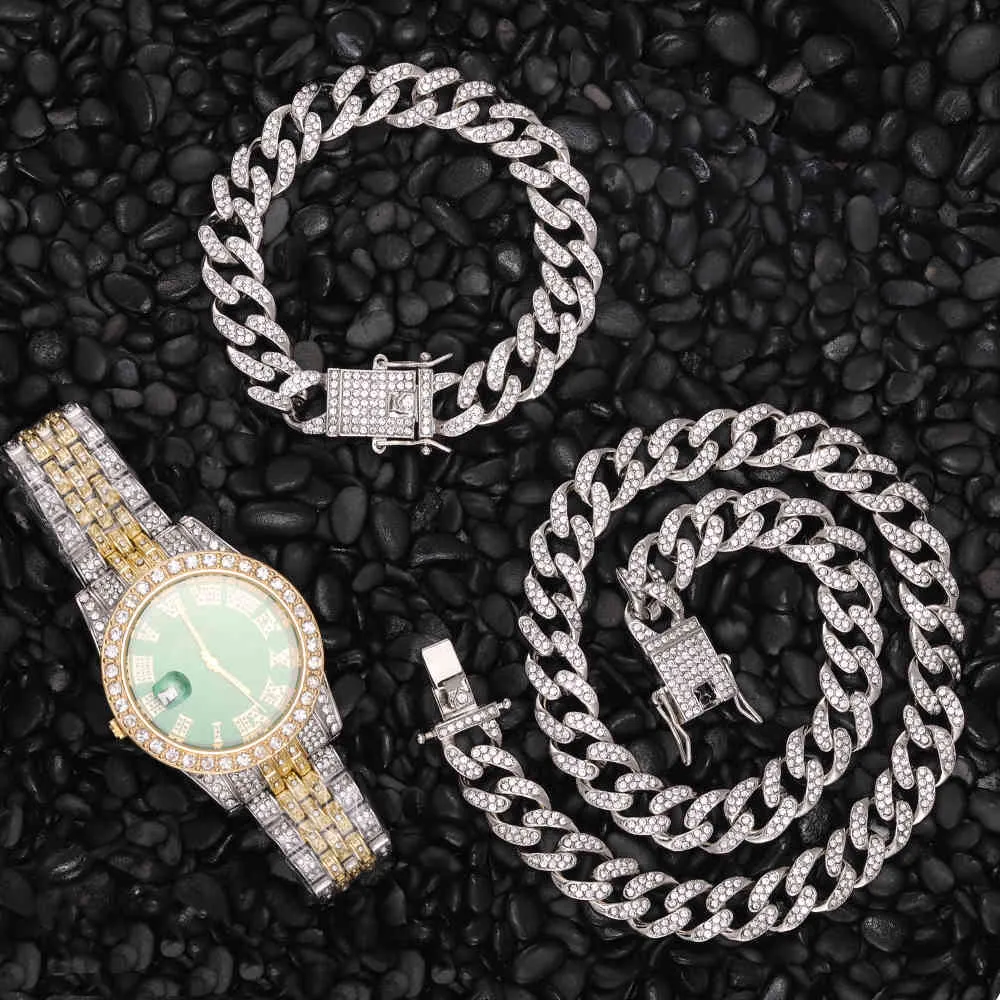 Hip Hop 13MM 3PCS KIT Heavy Watch+Prong Cuban Necklace+Bracelet Bling Crystal AAA+ Iced Out Rhinestones Chains For Men Jewelry