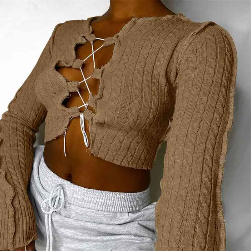 OMSJ Lady Sexy Simple Hollow Out Lace Up Bandage Tops Ribbed Knitting Solid Long Sleeve Slim Women Casual Crop Top Daily Clothes 210517