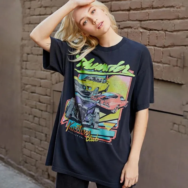 Summer Funny Car Club Letters Print Vintage Tees Black White Cotton Short Sleeve Graphic Grunge t Shirts Womens T-shirt