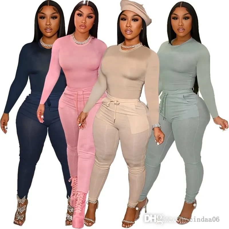 Sportswear Ladies 2 Piece Set Женщины Scestsuits Дизайнеры Досуг Карманные наряды на пальцах сплошной Цвет Jogger