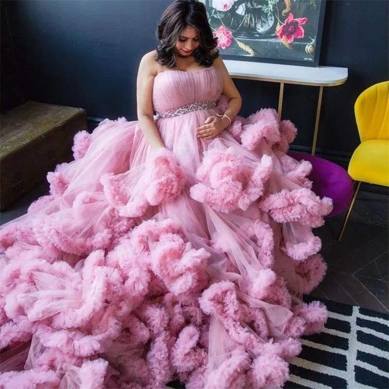 pink and red dresses Kim Pink Strapless Ruffle Maxi Dress