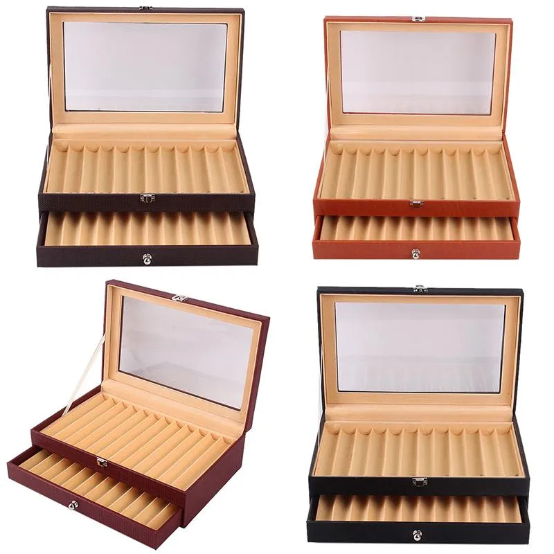 Smycken påsar, Väskor 24 Slots Trä Fontän Pen Display Case, Luxury Topped PU Läderfodral Organizer