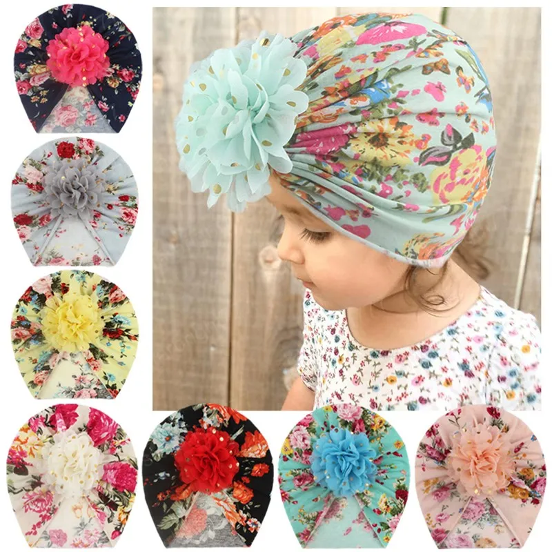 8 Colors Newborn Infant Golden Dots Flower Hats Vintage Printed Baby Girls Caps Toddler Accessories Holiday Clothing Decoration