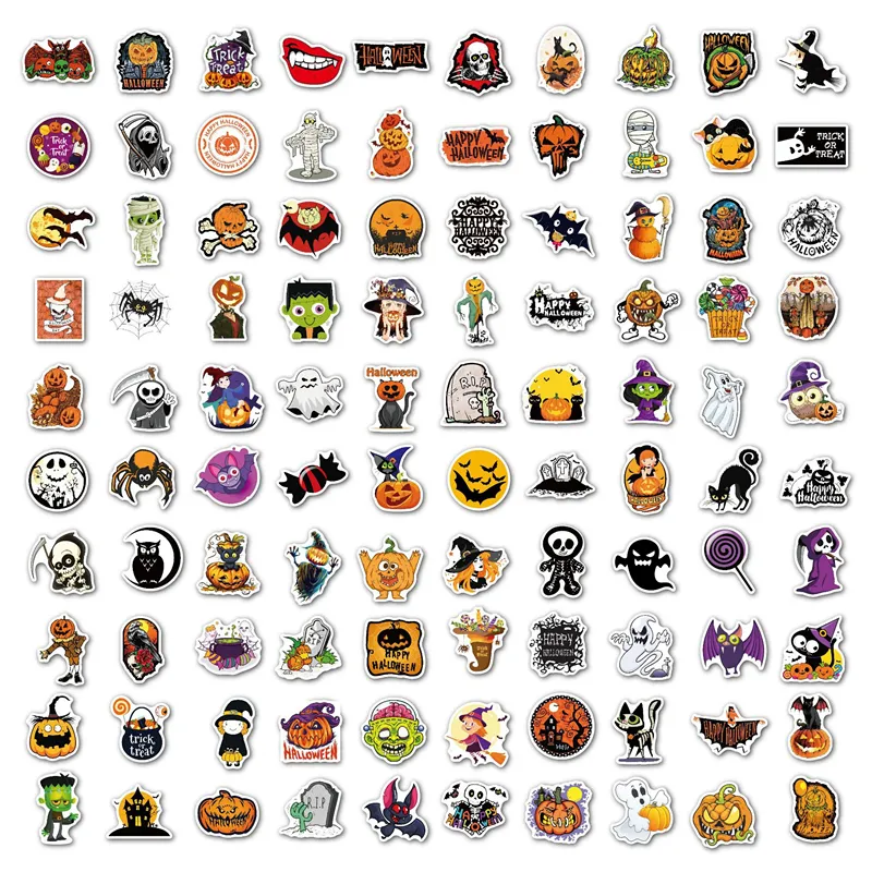 100 Halloween klistermärken Pumpa Bat tecknad hudskydd Party Sticker Vattentät Avtagbar Bagage Laptop