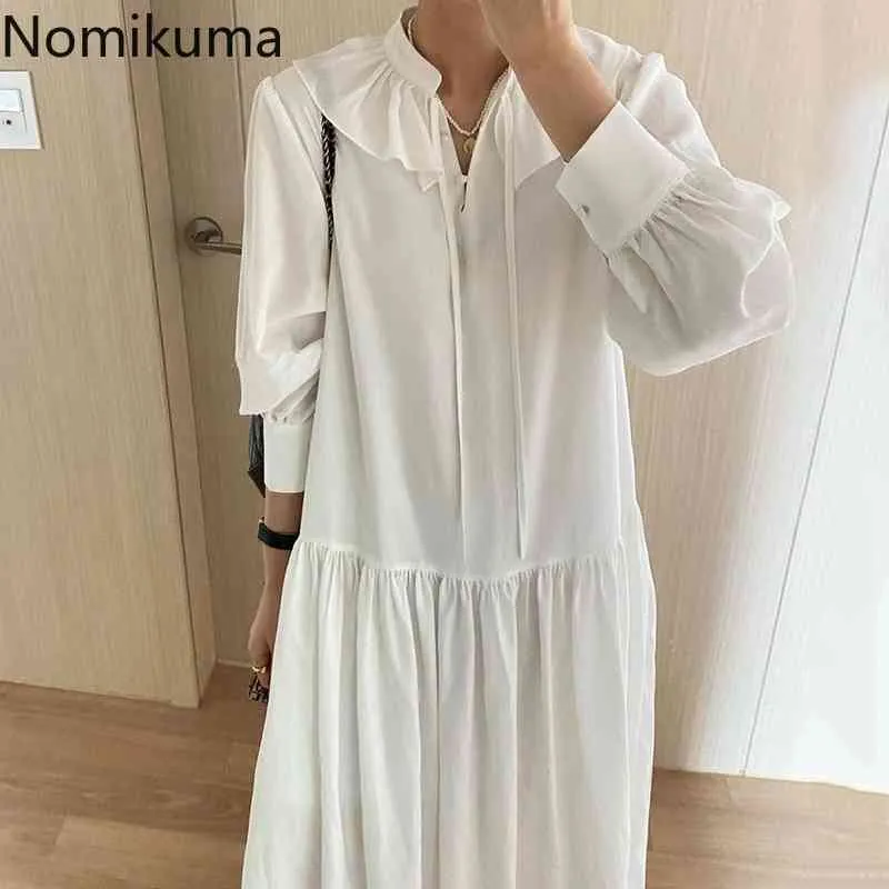 Nomikuma Vestidos Solid Color Długim rękawem Sukienka Kobiety Peter Pan Collar Lace Up A Dresses Kobiet Koreański Chic Robe Femme 210514