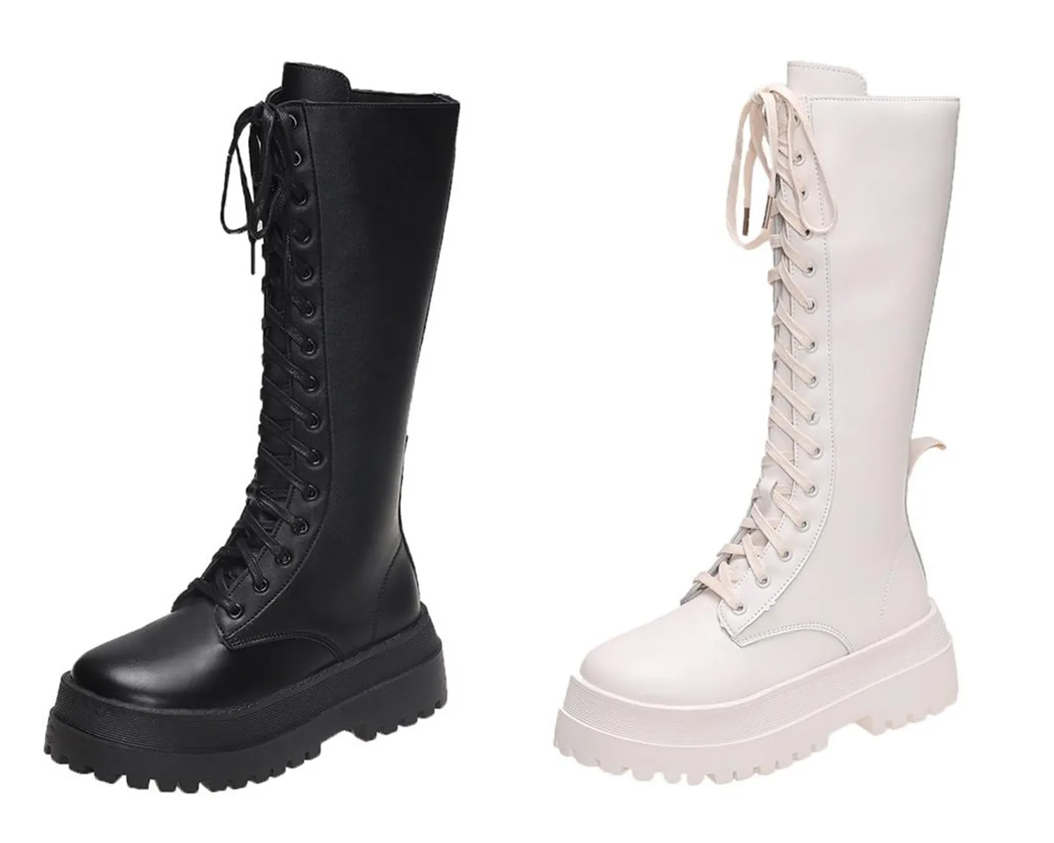 Fashion Boots Knee -high For Women Autumn Winter Lace-up Chunky White Casual Round Combat Platform Shoes High Qualit