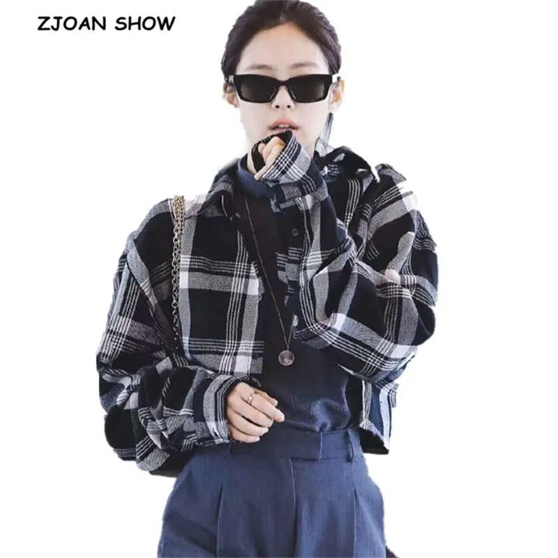 Short Black Gray Check Plaid Shirt Korea Clothing Retro Woman Lapel Long sleeve Cropped Blouse Tops Y2K Blousas 210715