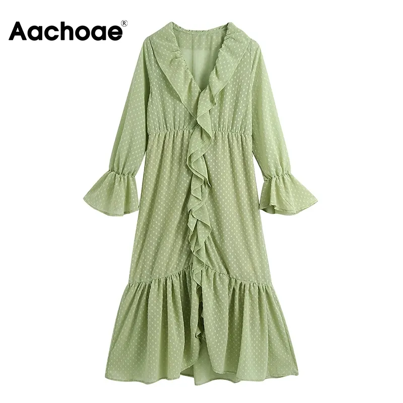 Chic Women Ruffles Lace Chiffon Dresses Female V Neck Sweet Midi Long Sleeve A Line Elegant Dress 210413