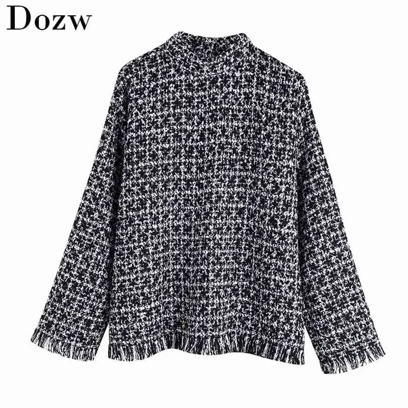 Herfst Winter Houndstooth Dames Hoodies Casual Stand Hals Top Fashion Chic Plaid Kwastels Sweatshirt Losse Pullovers Tops 210515