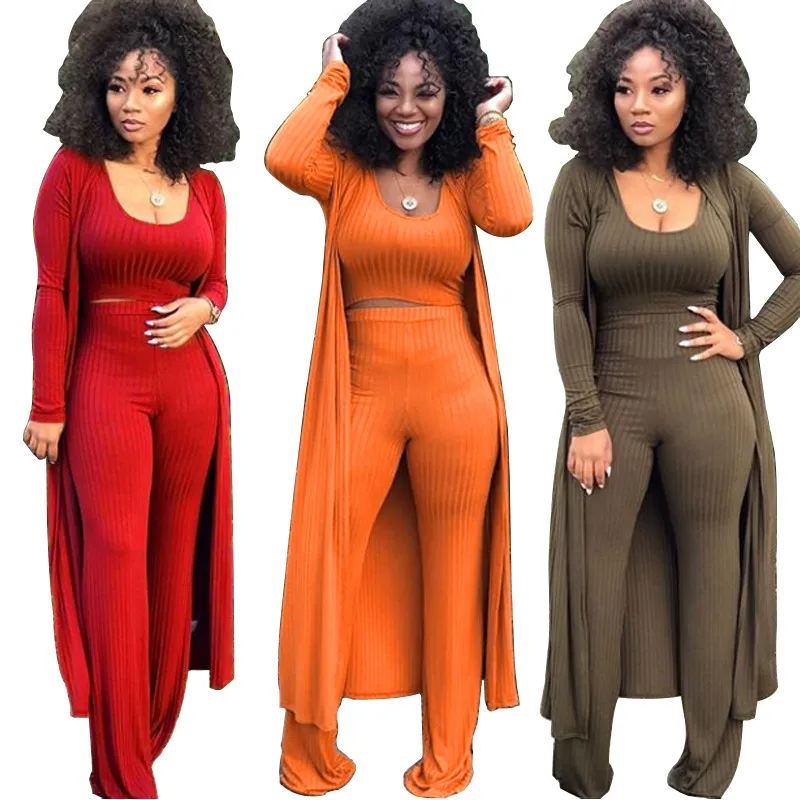 Women's suit Three-piece O Neck Long sleeve Solid Knitted Plus Size Autumn Red Brown Army green Orange Arrival 210416