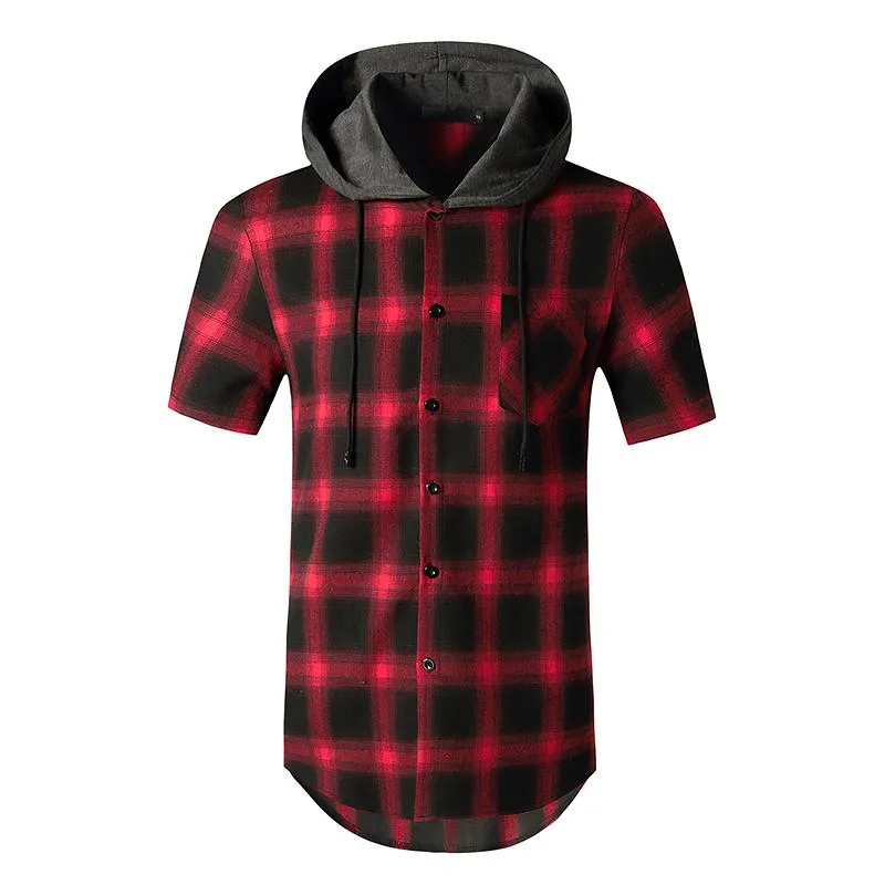 Hommes chemises décontractées hommes à manches courtes à capuche Plaid classique flanelle Chemise Hipster Harajuku hommes Hip Hop Streetwear homme Chemise