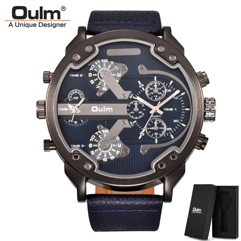 Armbanduhren Oulm HP3548 Klassische zwei Zeitzonen Herrenuhren Super Big Dial Männliche Sportuhr Casual Leder Quarz