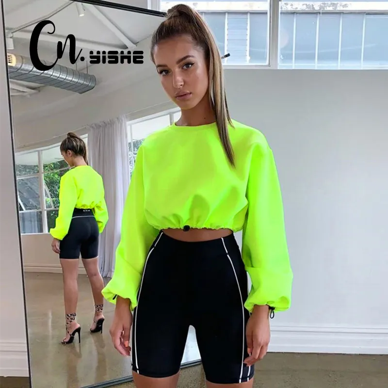 CNYISHE Neon Loose Sweatshirts Women Pullovers Fashion Solid Regular Long Sleeve Casual Sexy Short Women Sweatshirts Female 210419