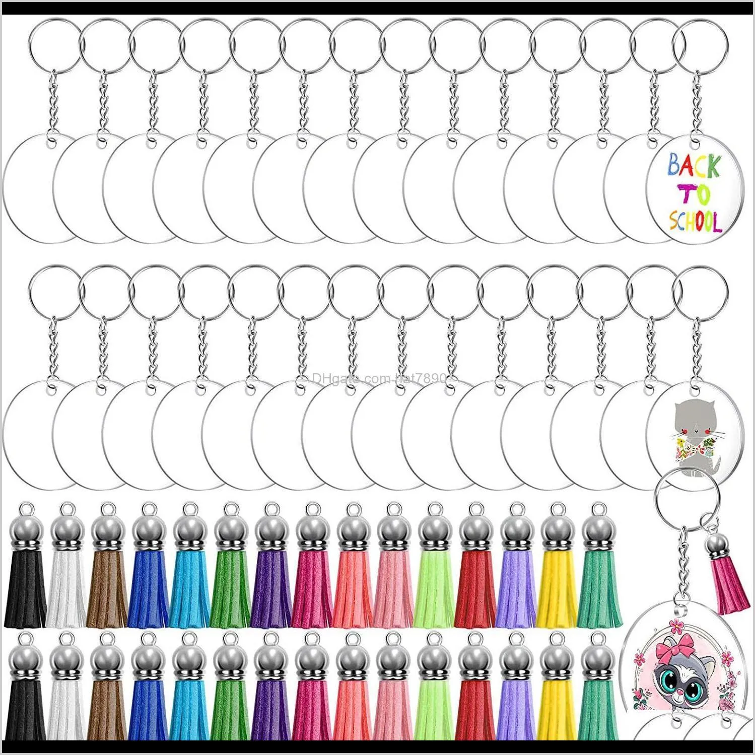 Kimter Key Rings 120Pcs Keychain Blank Acrylic Clear Circle Discs with Hole Colorful Tassel Keyring for DIY Projects Craft Supplies
