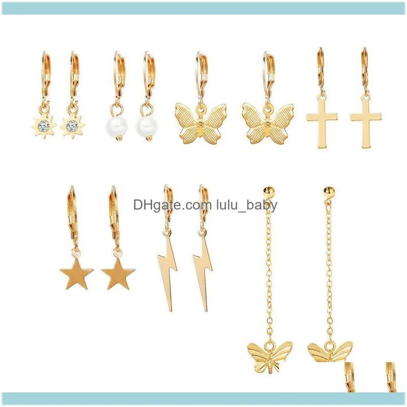 Cute Crystal Butterfly Cross Star Pendant Earrings For Women Girls Gold Color Huggies Hoop Earring Set Mix Style Jewelry & Huggie