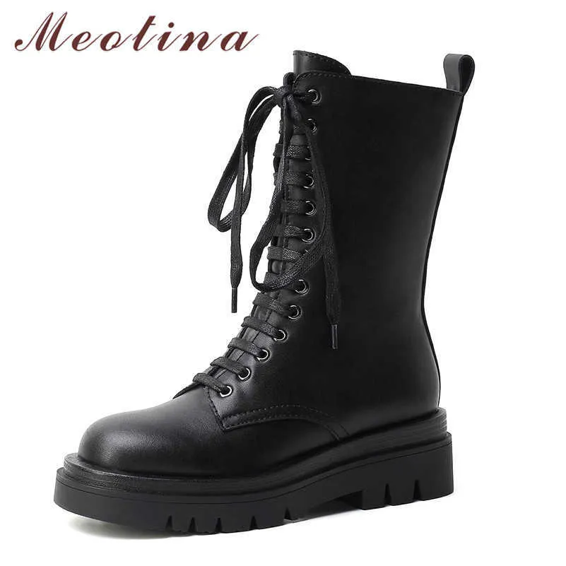 Meotina Motorcycle Boots Women Shoes Real Leather Platform High Heel Mid-Calf Boots Zip Lace Up Block Heels Short Boots Lady 40 210608