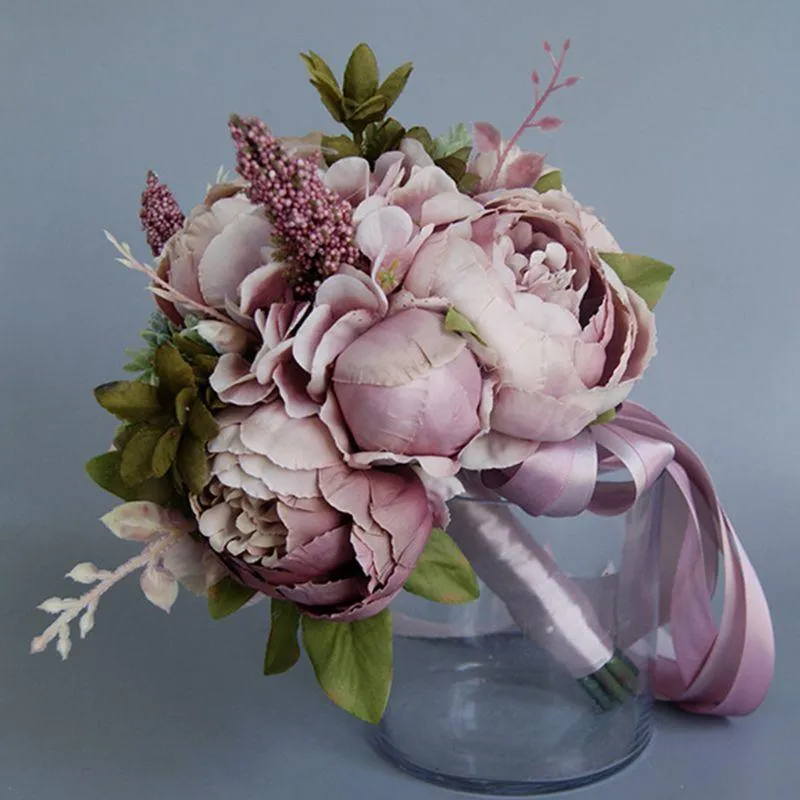 結婚式の花ヨーロッパのヴィンテージのブライダルブーケ人工的なほこり牡丹の偽の多肉植物のレースリボンの花嫁介添人パーティー