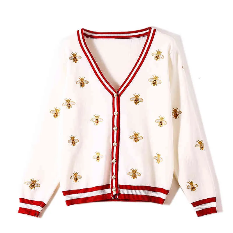 女性用セーターレディースファッションデザイナービー刺繍カーディガン長袖シングル胸造影カラーボタンニットセーター