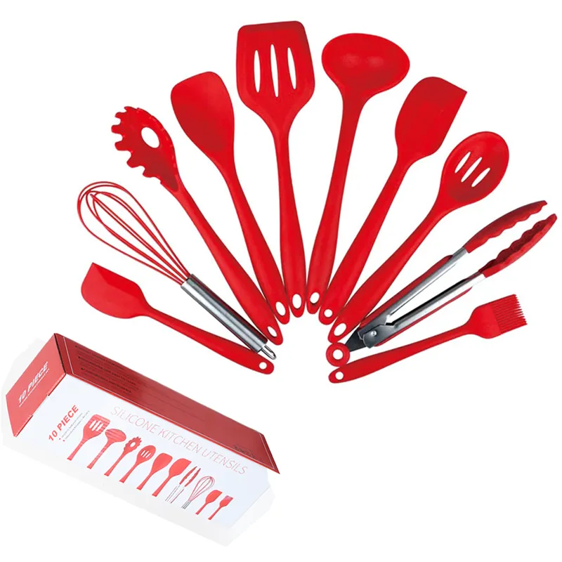 10pcs/set Silicone Kitchen Utensil Heat Resistant Spatula Serving Mixing Spoon Tongs Ladle Gadget Non-Stick Baking Tool 1XBJK1911