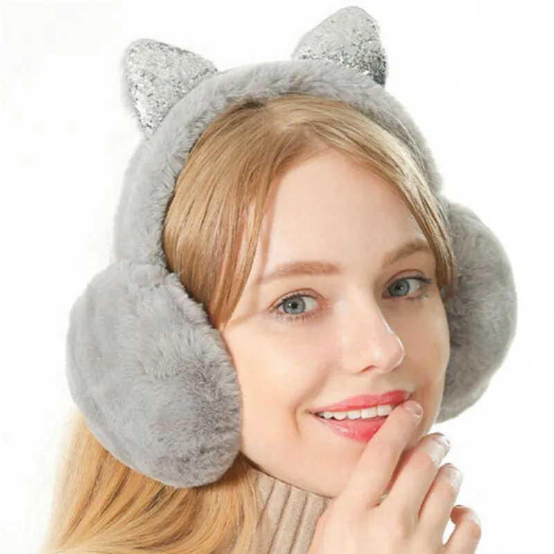 Berets Winter Warm Cat Ear Fur Earmuffs With Rhinestone Cute Cartoon Muffs Warmer Plush Earflap Headphones For Children Girl Ladies