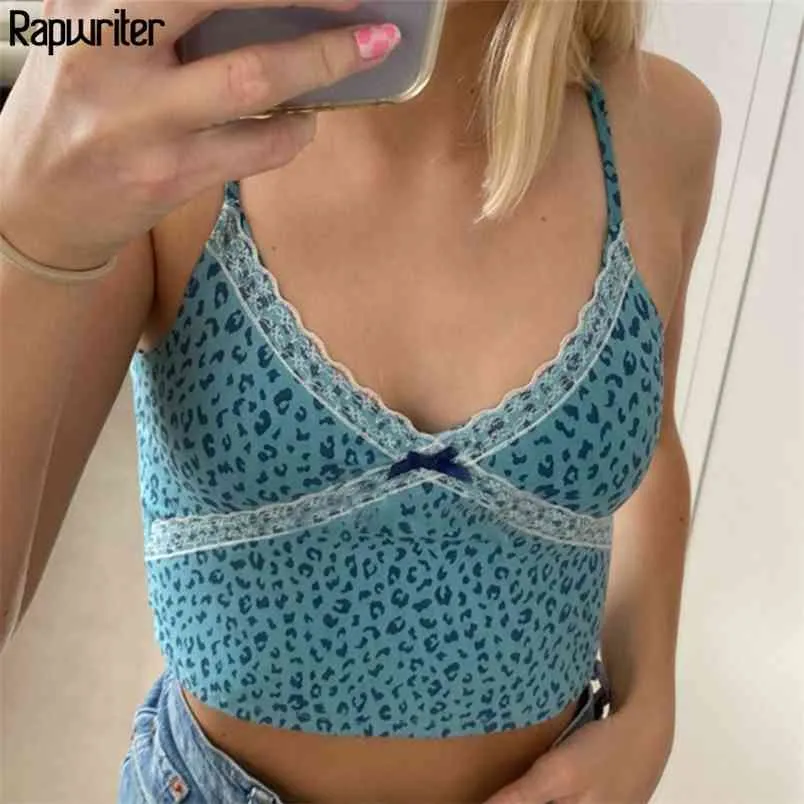 Moda Lampart Drukuj Sexy V Neck Strap Bow Patchwork Lace Cami Top Lato Ruffles Crop Kobiety Odzież 210510