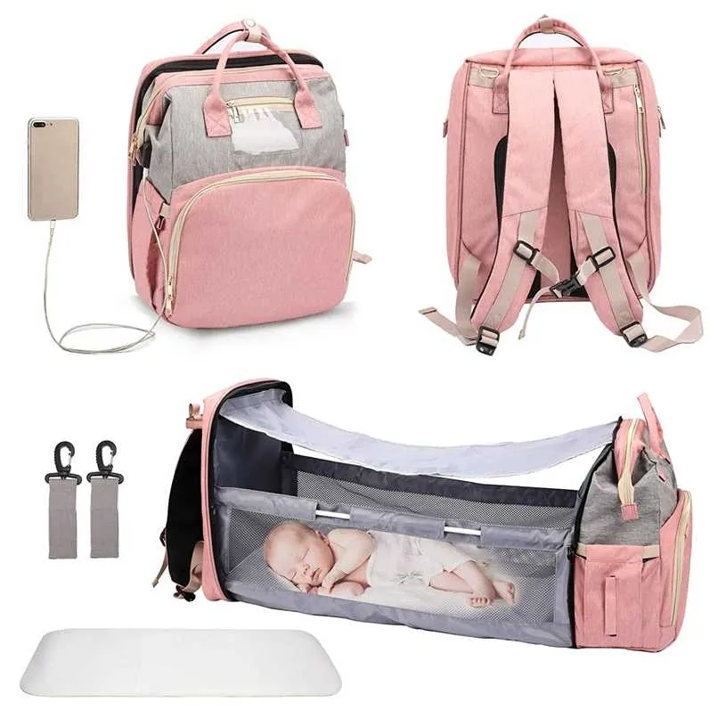 Mode bärbar vikande spjälsäng blöja väska multifunktion stor kapacitet baby ryggsäck blöja väska baby barnvagn arrangörsäck 211025