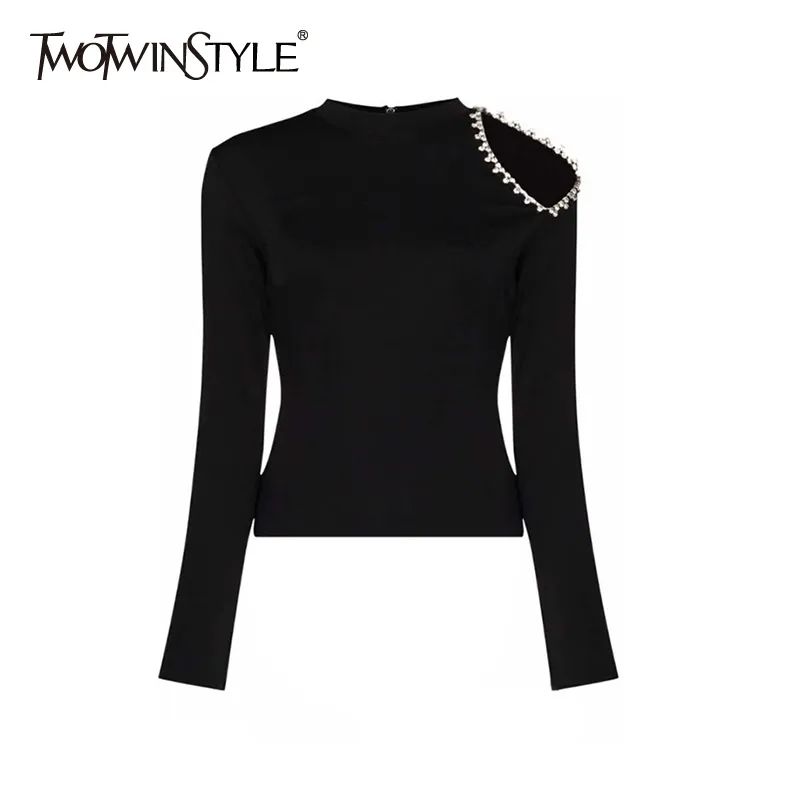 TWOTWINSTYLE Off Shoulder Patchwork Diamond Tops For Women O Neck Long Sleeve Black T Shirt Female Fashion Clothing 210517