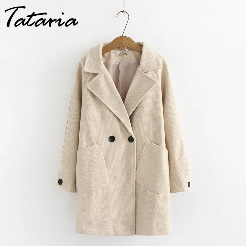 Tataria Plus Size Wool Blend Coat for Women Winter Long Coats Female Elegant Turn-down Collar Outwear Jacket Loose Warm 210514