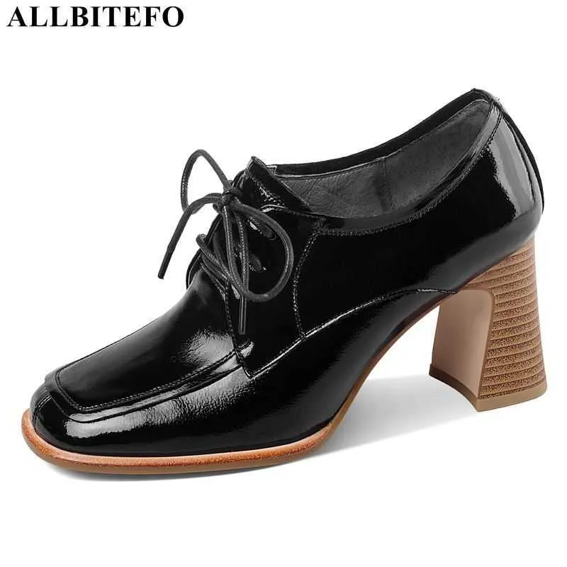 AllbiteFo Duży rozmiar: 34-41 Oryginalna skóra Brand High Heels Kobiety Obcasy Grube Obcasy Wedding Women Shoes Women High Heel Buty 210611