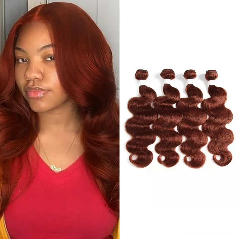 Brasilianska mänskliga hårbuntar Body Wave 8-20-tums 3/4 stycken Weave #33 Brown Red Color Non Remy Extensions