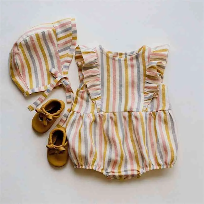 Baby Girl Rompers Summer born Clothes Cotton Linen Solid Color Stripe Clothing For 0-24M 210816