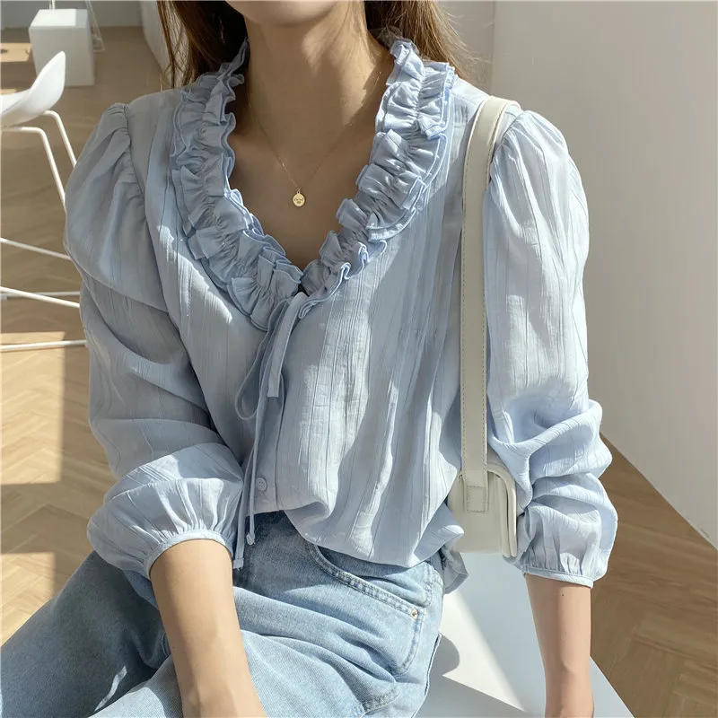 Ol Brief Office Lady V-Neck Alla Match Ruffles Lace-up Chic Sweet Fashion High Street Streetwear Stylish Blouses 210421