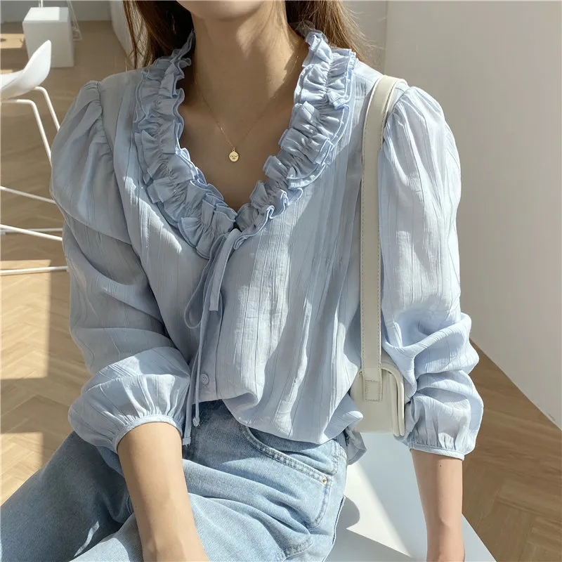 Elegant Lace-Up V-Neck Ruffle Blouse Office Lady Chic Top from