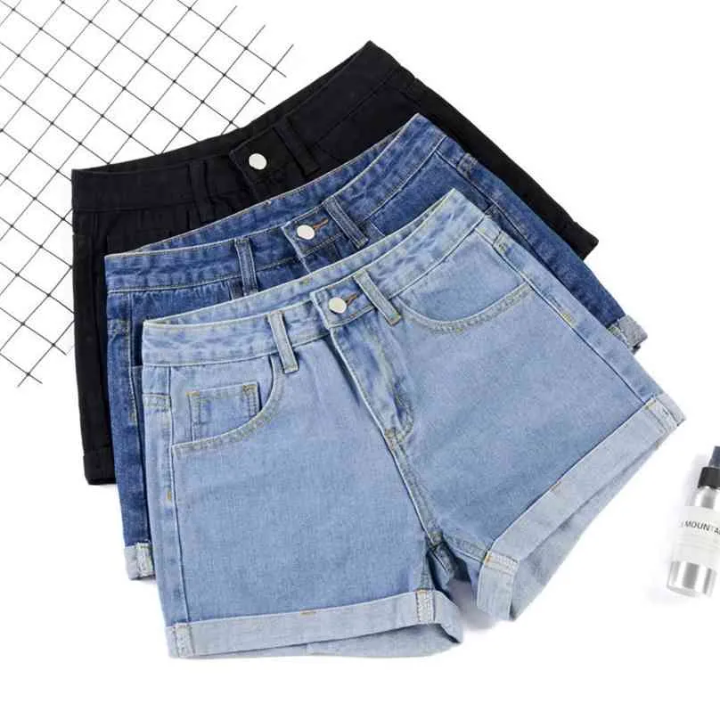 AilegoGo zomer vrouwen wide been klassieke hoge taille zwart denim shorts casual vrouwelijke effen kleur wit blauw losse jeans 210719