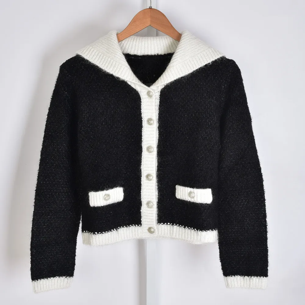 2022 Primavera Manga larga Cuello marinero Chaqueta negra Estilo francés Contraste Color Lana Punto Paneles Adornos Chaquetas de un solo pecho Abrigos cortos Outwear 21O271081