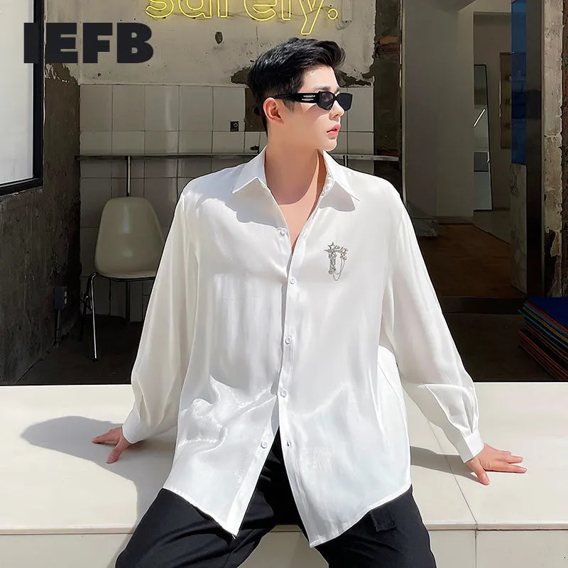 IEFB блестящий с длинным рукавом мужская черная рубашка мода свободный большой размер красивые белые топы пинковых украшения дизайн топы 9y7236 210524