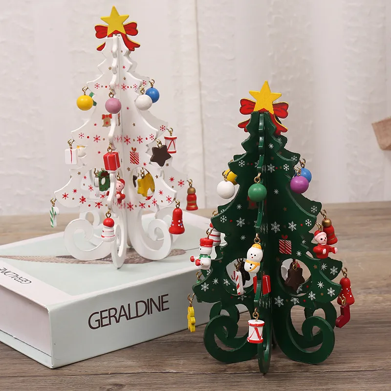 Wooden Christmas Tree Children's Handmade DIY Stereo Christmas Tree White Green Gold Xmas Layout Decorations Ornaments w-01210