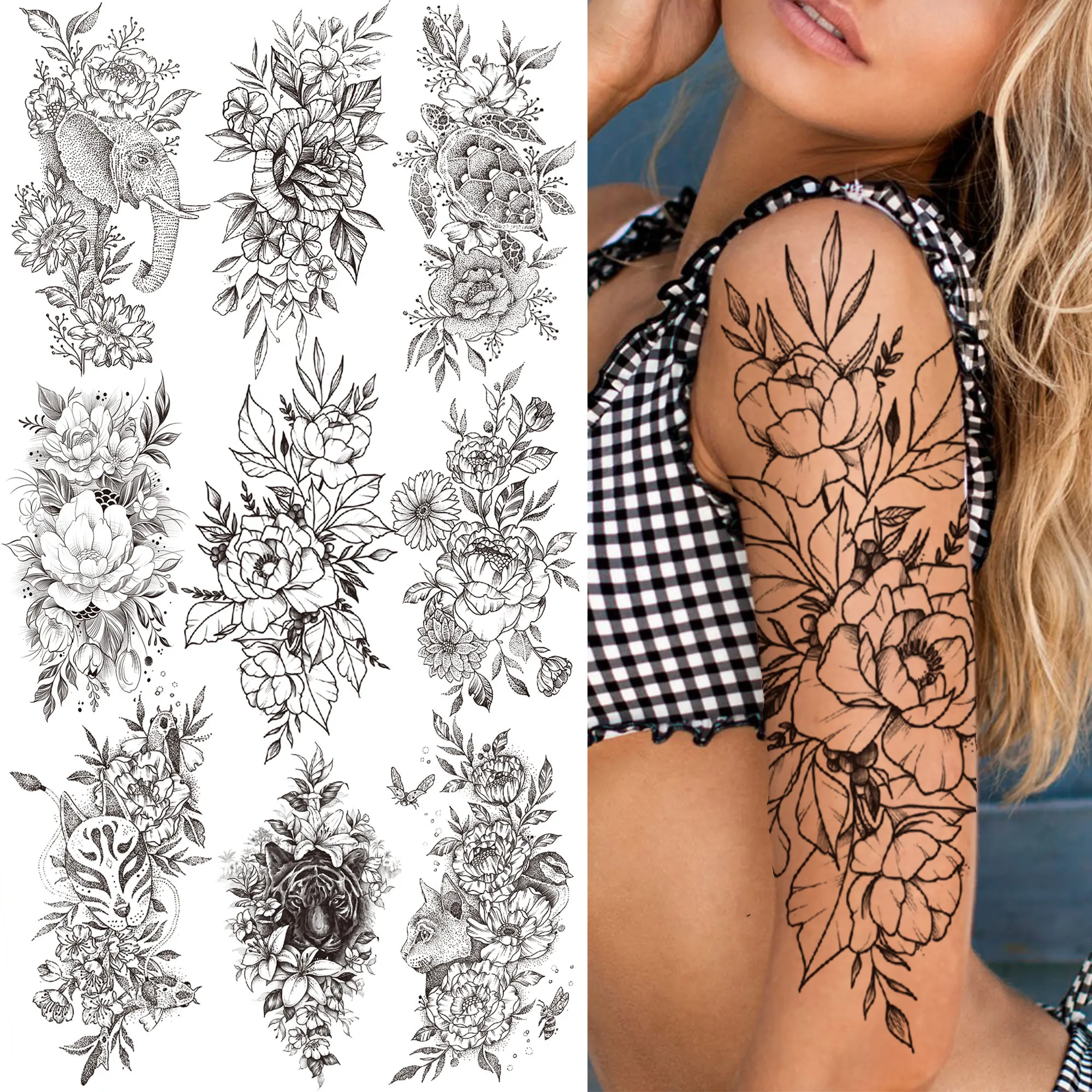 Realistic Fake Temporary Tattoos For Women Girl Black Rose Elephant Flower Tattoo Sticker Tiger Tatoos Half Sleeve