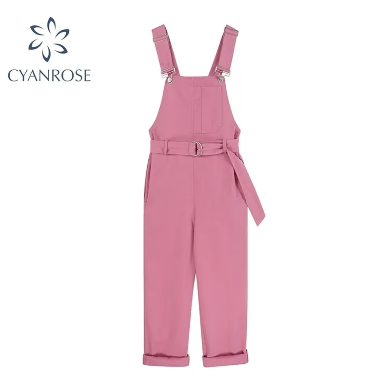 Verão Streetwear Chique Solto Calças de Jeans Macacões para Mulheres Causal Belted Jumpsuit Calças Vintage rosa feminina suspensórios 210515