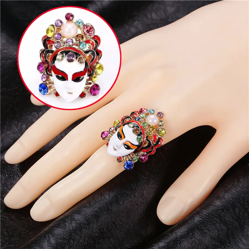 Kinesisk stil Peking Opera Facial Makeup Ringar Kvinnliga Etniska Styles Index Finger Ring för Kvinnor Operas Mask Smycken Hantverk Present