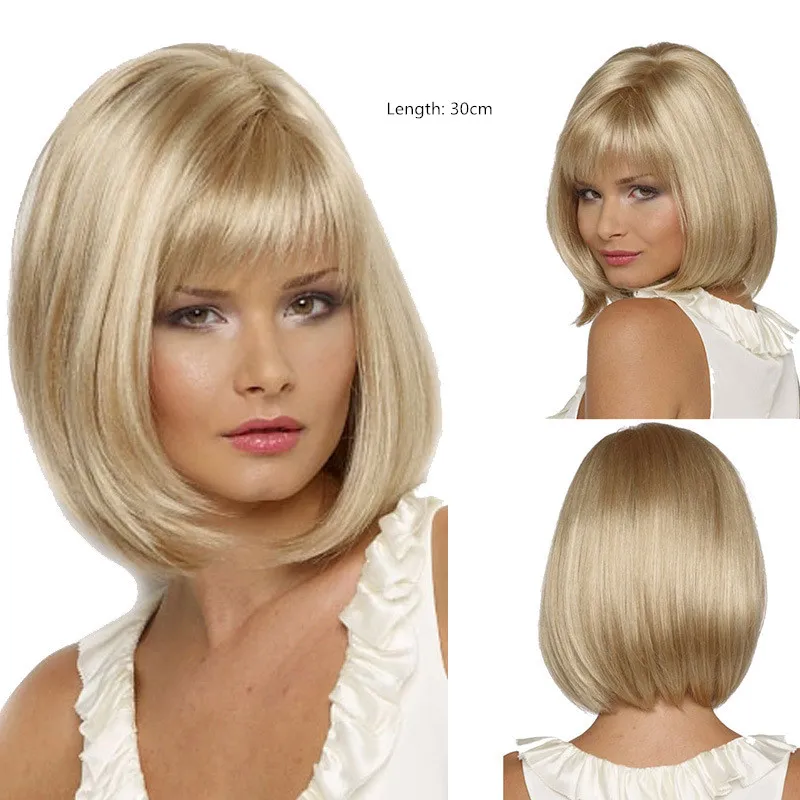 Perruque synthétique blonde avec frange Simulation perruques Bobo de cheveux humains pour femmes blanches et noires Pelucas 752 #