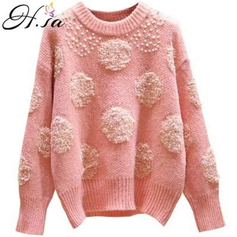 H.SA Women Casual Sweater and Pullovers Pearl Beading Appliques Circle Knitwear Pull Jumpers christmas Female Cothes 210417