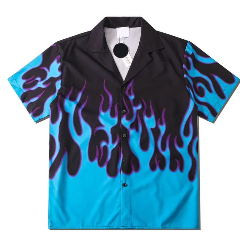 火の印刷のシャツの男性半袖カジュアルな特大サイズサイズメンズシャツ夏のナイトクラブビーチ化学Hompe Hip Hop Harajuku Camisas 210524