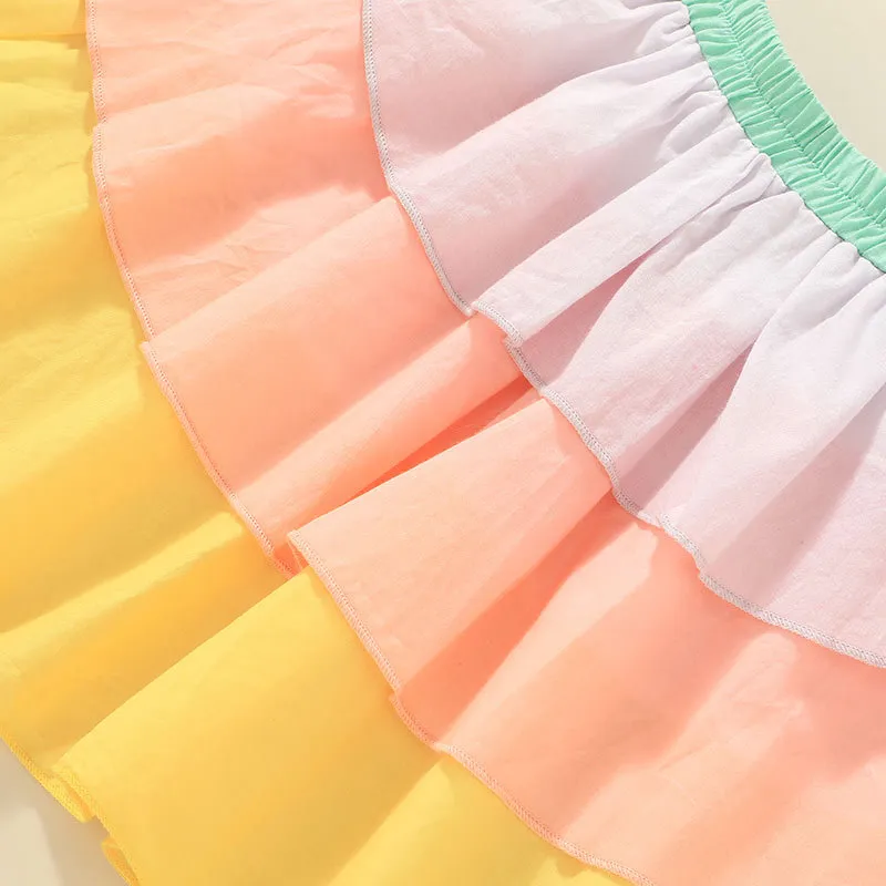 Girls Bow Braces Tops+Rainbow Skirts Set Outfits Summer 2021 Kids Boutique Clothing 1-5 Children Sleeveless Ruffle Top Fashion