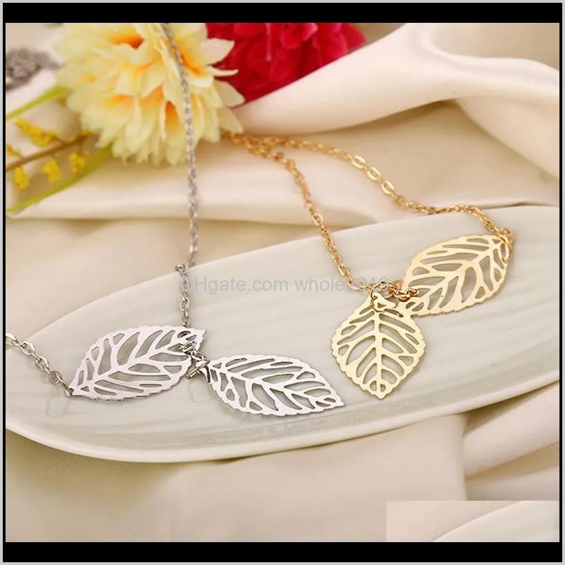 fashion simple double gold leaf pendant necklace creative women`s trend punk tassel clavicle chain ladies party jewelry gifts