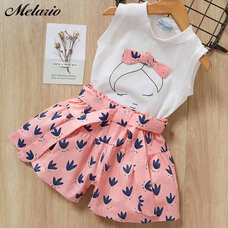 Melario, trajes casuales para niñas, nuevos conjuntos de ropa con estampado de punto para niños de verano, camiseta blanca para niños, pantalones cortos, 2 piezas, ropa, trajes con lazo 210412