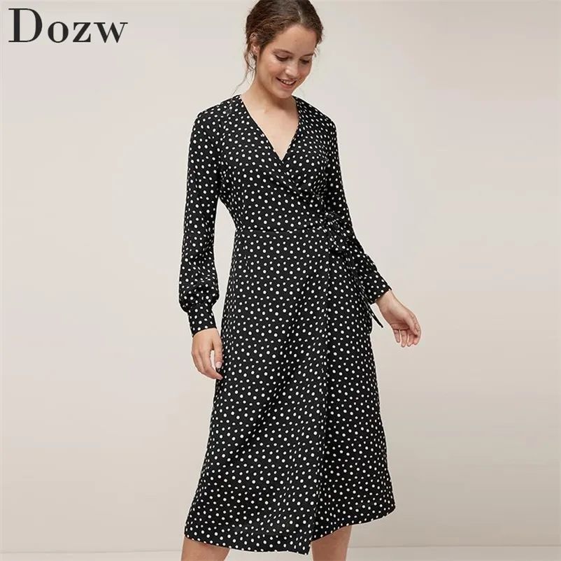 Women Vintage Polka Dot Casual Long Dress Elegant V Neck Sleeve Wrap Party Dresses Female Boho Split Sashes Vestido 210515